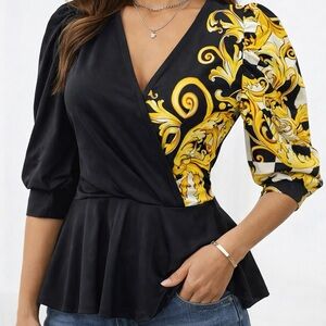 Black & Yellow Baroque-Print Faux Wrap Peplum Blouse